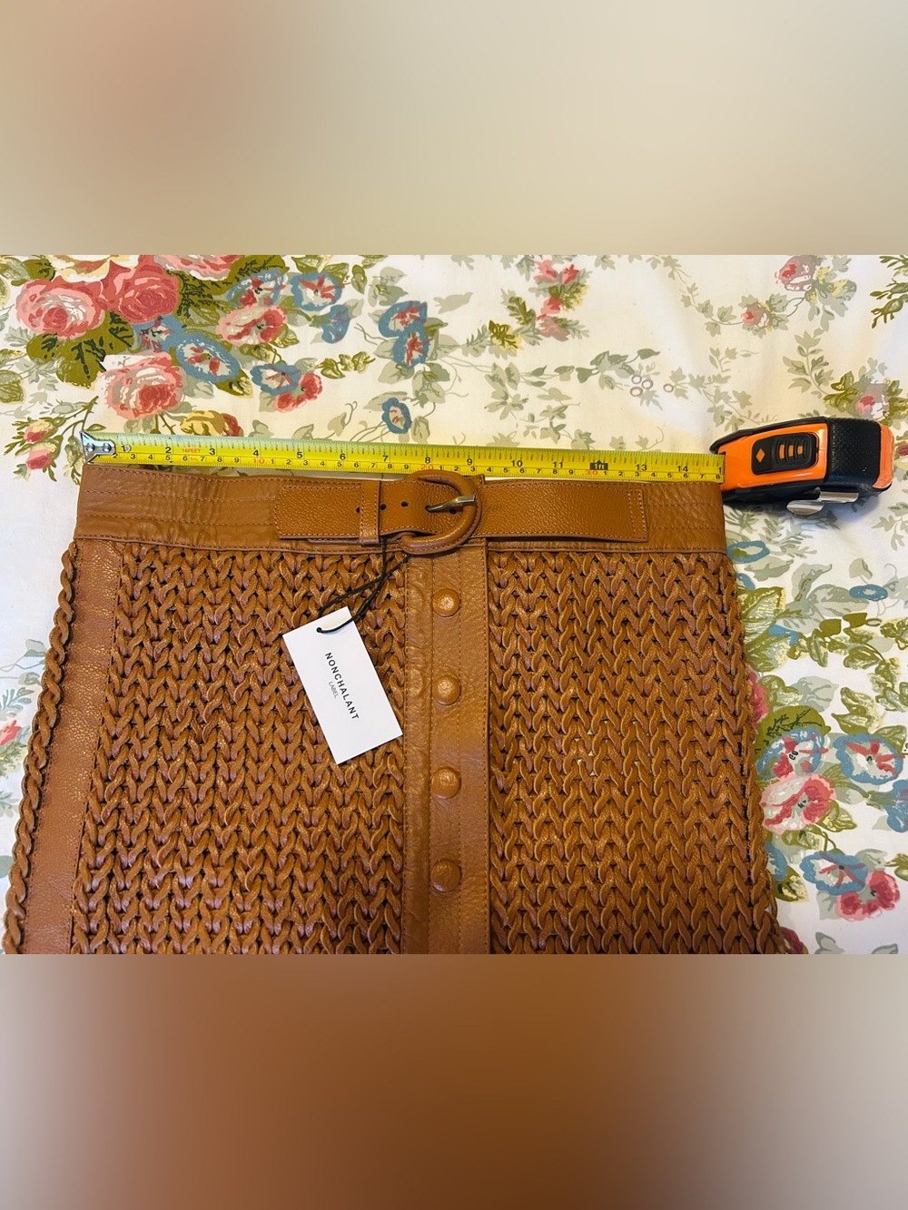 NONCHALANT Label, Genuine Leather Crochet Tan Maxi Skirt with Belt, size M, NWT - Picture 10 of 10